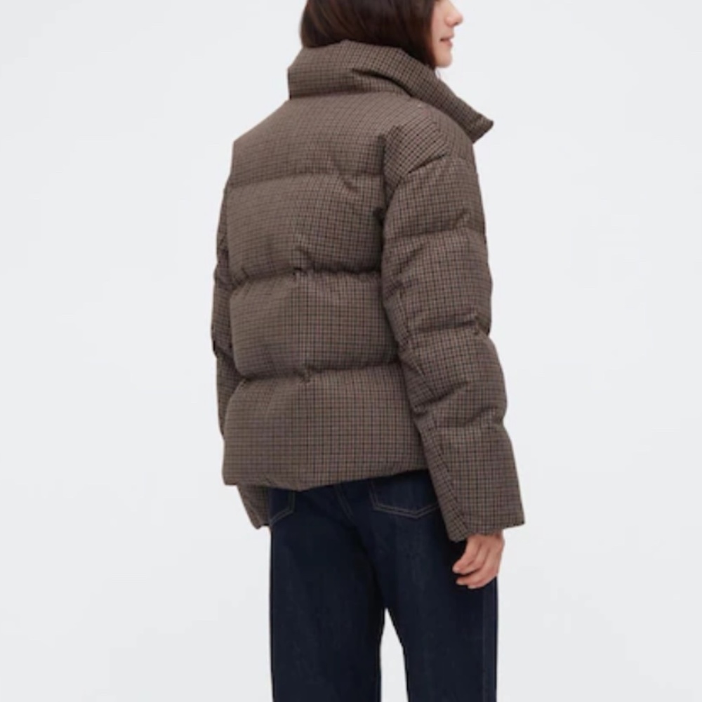 Uniqlo Women Check Patterned Down Puffer Jacket Coat Water Repellent Brown XL - Picture 8 of 13